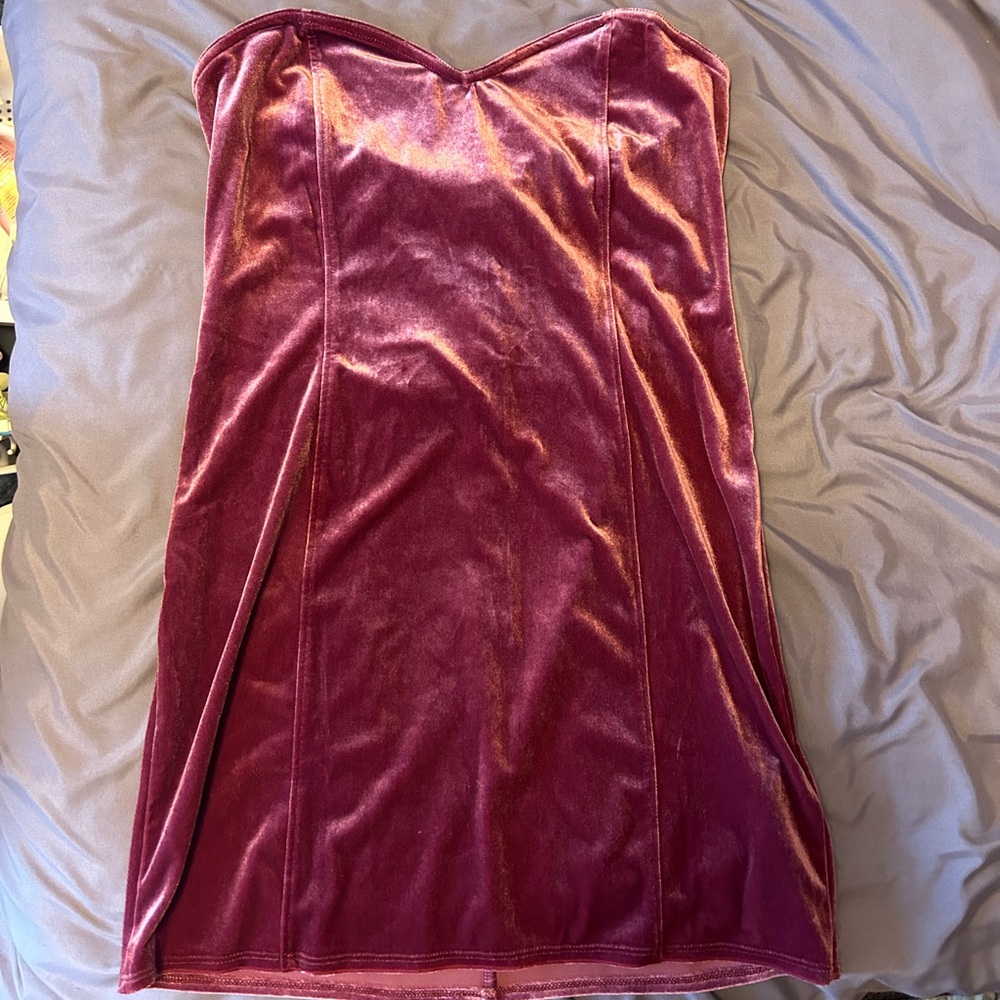 Wine colored strapless mini-dress from Urban Outfitters
